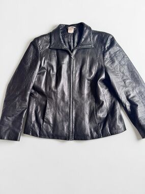 Vintage Leather Jacket Womens Large Black Minimal Zip Classic